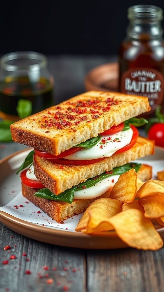 A delicious spicy Caprese panini with chili flakes, featuring layers of mozzarella, tomatoes, and basil.