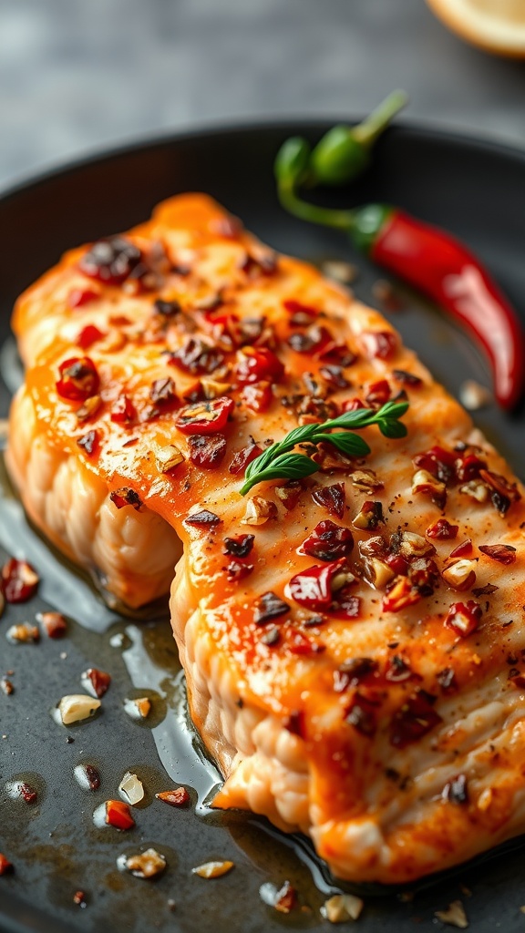 A plate of spicy garlic baked salmon garnished with red pepper flakes and served with vegetables.