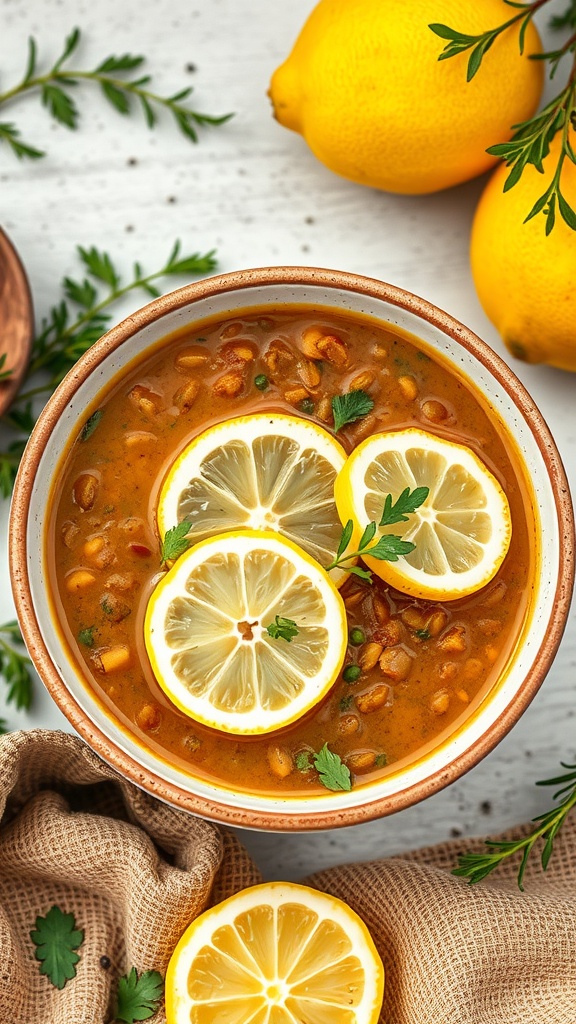 A bowl of lentil and vegetable soup garnished with lemon slices and parsley