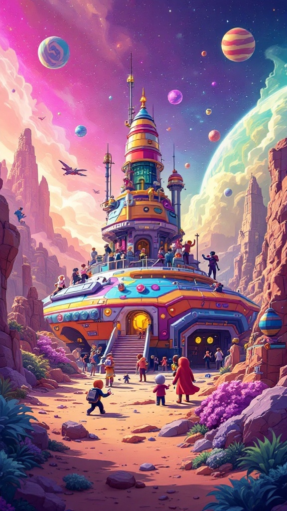 A colorful spaceship surrounded by characters preparing for space missions.