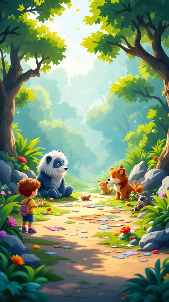 A young boy interacts with a panda and a lion in a colorful forest.