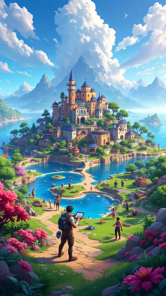 A vibrant island scene from Fortnite Creative Mode, featuring players exploring a colorful landscape with buildings and water.