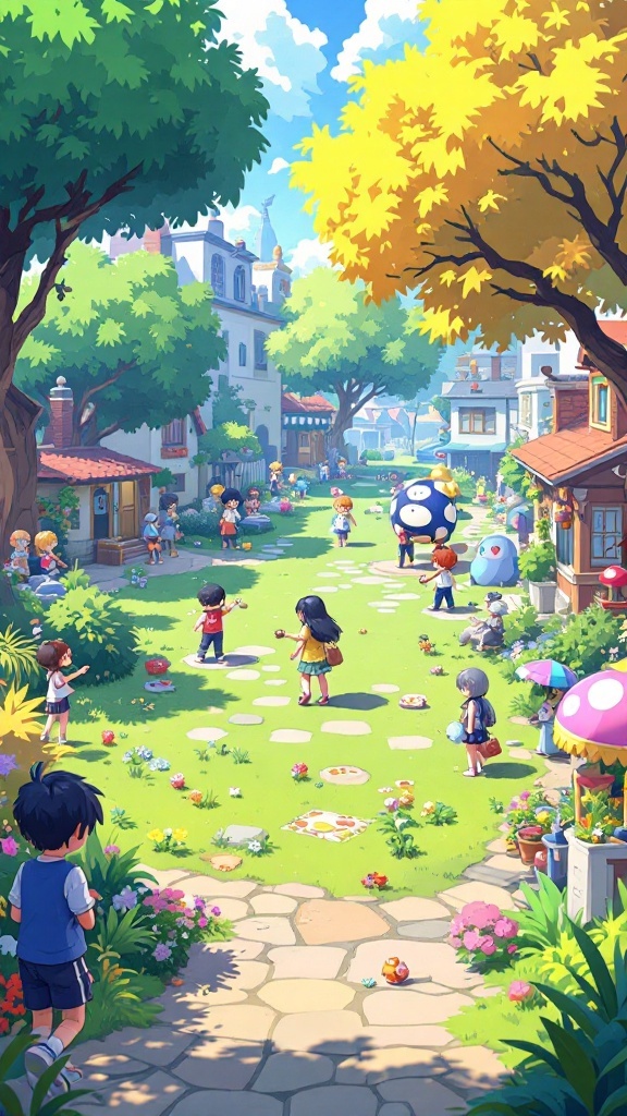 A colorful village scene from Gacha Life with characters playing games and enjoying the day.