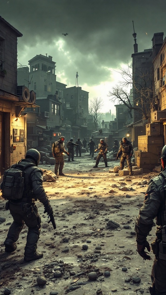 Soldiers in tactical gear in a gritty urban setting