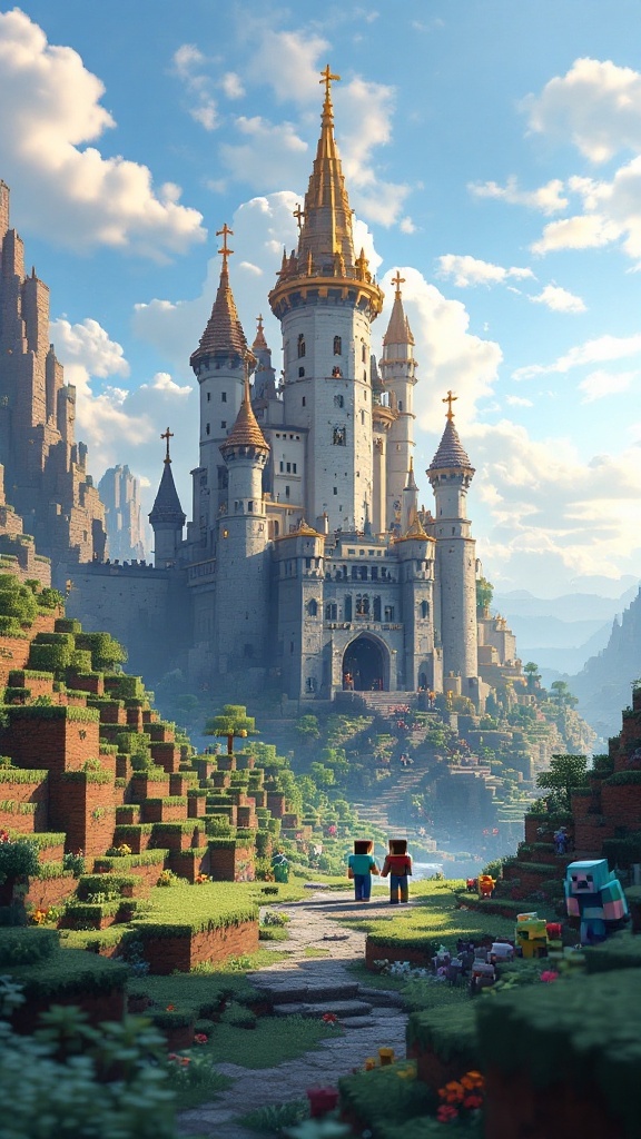 A Minecraft-style landscape featuring a grand castle with golden towers and two characters walking on a path.