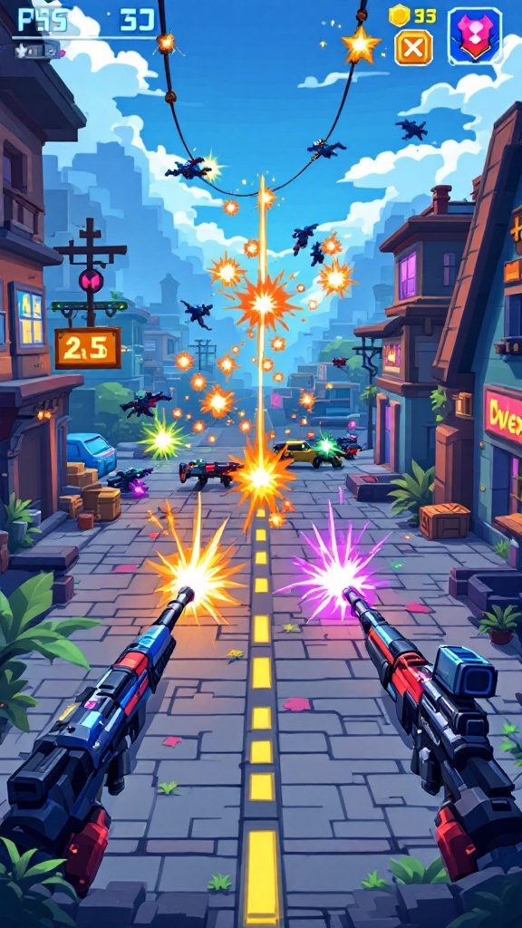 Colorful pixelated street scene from Pixel Gun 3D featuring explosions and players shooting.