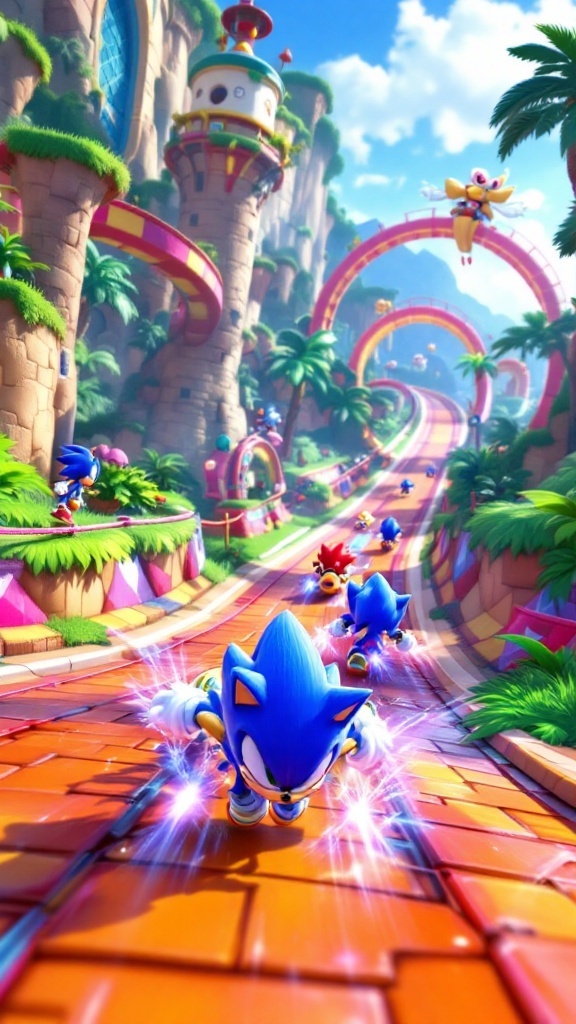 Sonic racing on a colorful track with friends in a vibrant environment.