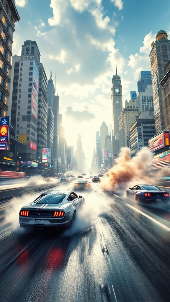 Cars racing through a city street, with smoke and water splashes.