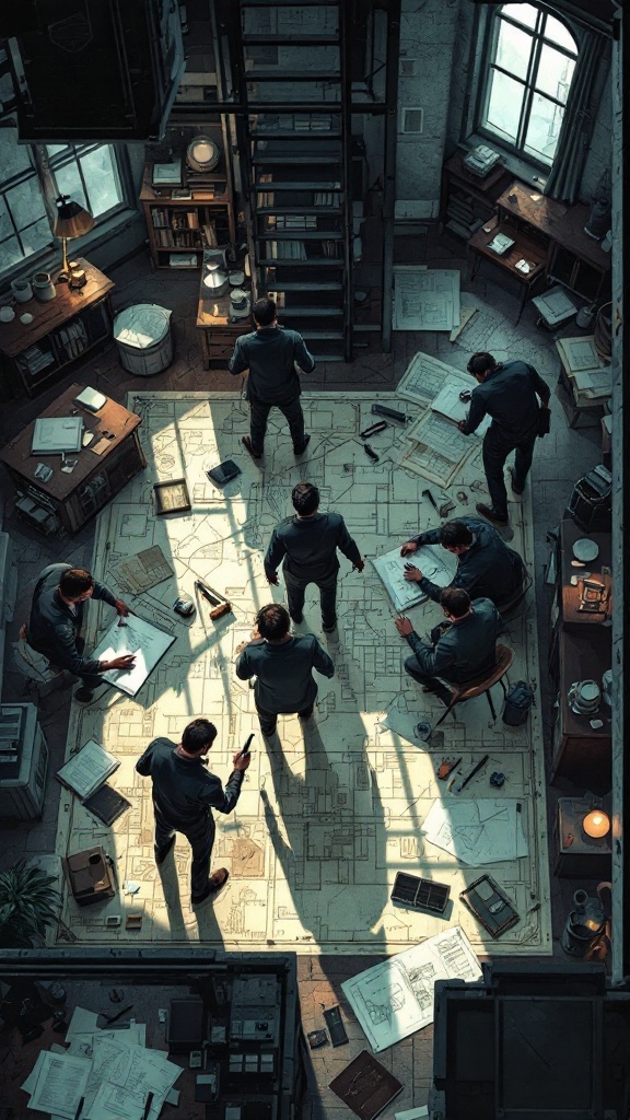 A group of characters planning a heist around a table covered with blueprints and tools.