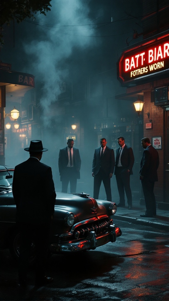 A dark alley with men in suits gathered around a classic car, with a bar sign glowing in the background.