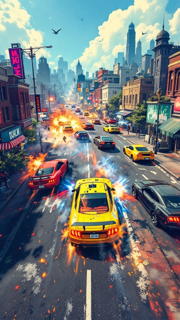 Dynamic city scene with cars racing and explosions in the streets.