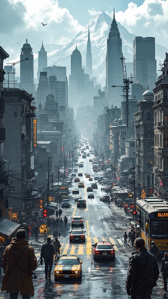 A bustling urban cityscape with skyscrapers and mountains in the background, featuring busy streets filled with cars and pedestrians