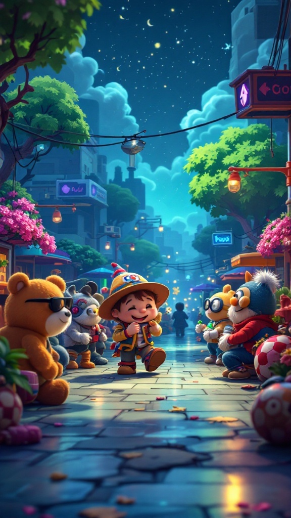 A boy happily walking through a lively street filled with cartoon bear characters wearing sunglasses.