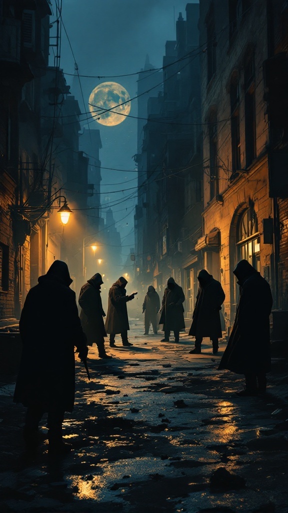 Dark alley with shadowy figures, suggesting a tense criminal scene.