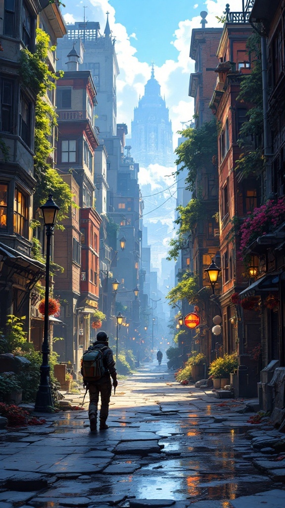A person exploring a vibrant urban alley with historic buildings and street lamps.
