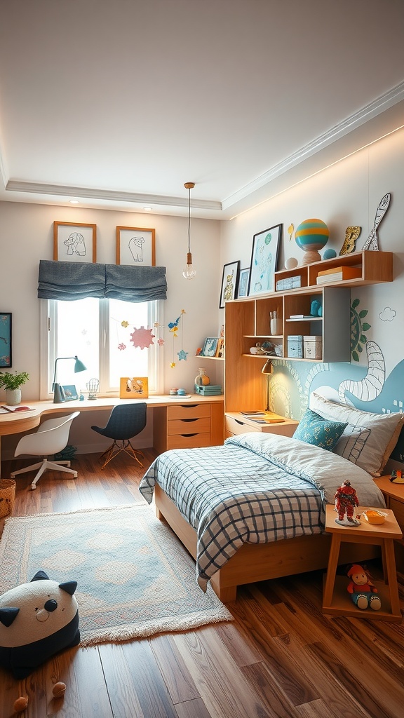 Ein modernes Jungenzimmer mit einem ausziehbaren Gästebett, einem Schreibtisch und farbenfrohen Wanddekorationen
