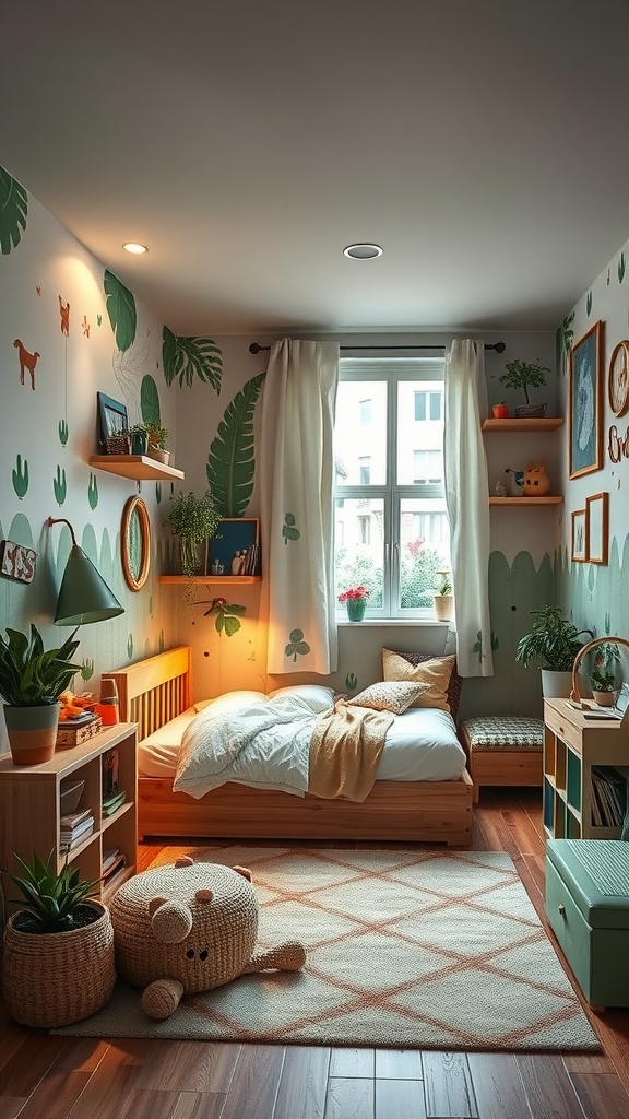 Ein Jungezimmer im Dschungel-Thema mit Pflanzenmotiven, einem Bett, einer Kletterwand und einem gemütlichen Teppich.