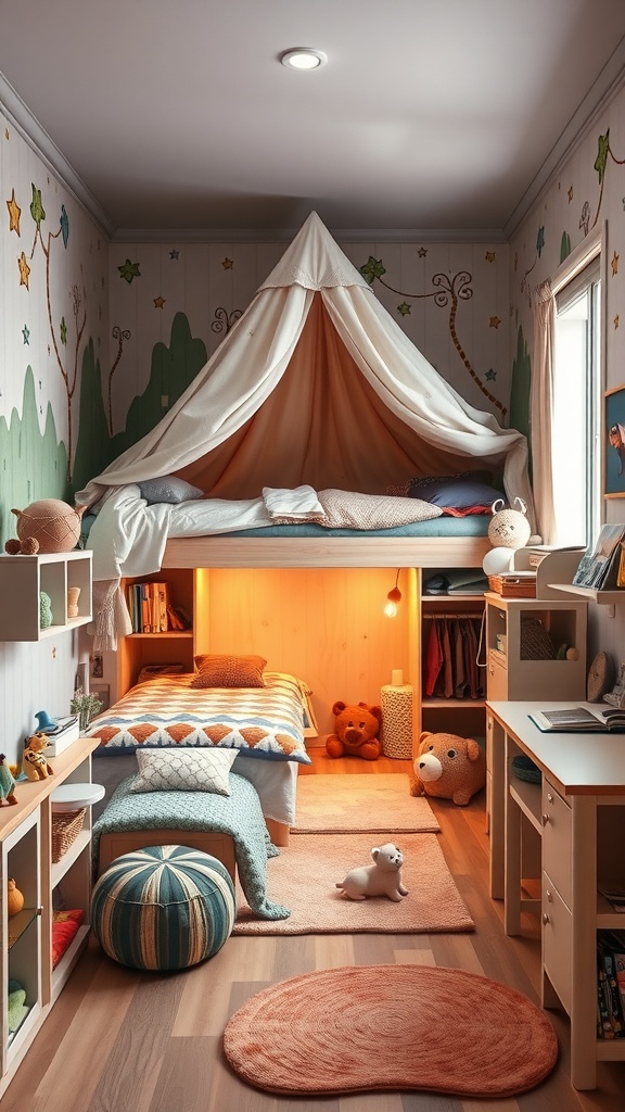 Ein Kinderzimmer mit einem Hochbett, darunter eine gemütliche Spielhöhle, dekoriert mit Kissen und Decken.