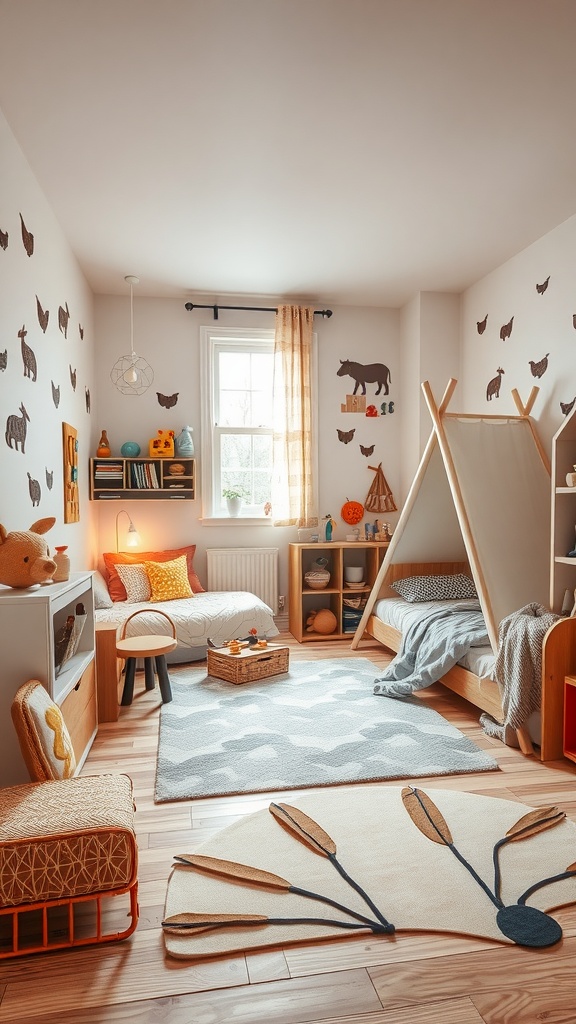Ein Kinderzimmer mit einem Hausbett, einem Tipi-Bett und tierischen Wandbildern.