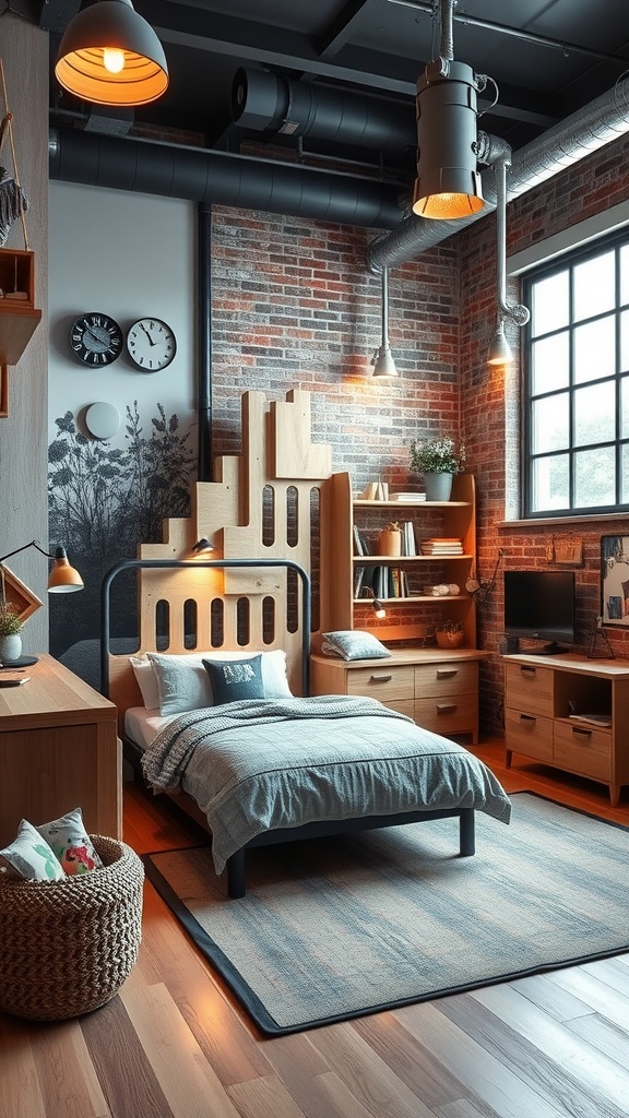 Ein Jungenzimmer im Industrial-Style mit Metall-Elementen, Backsteinwänden und Holzmöbeln.