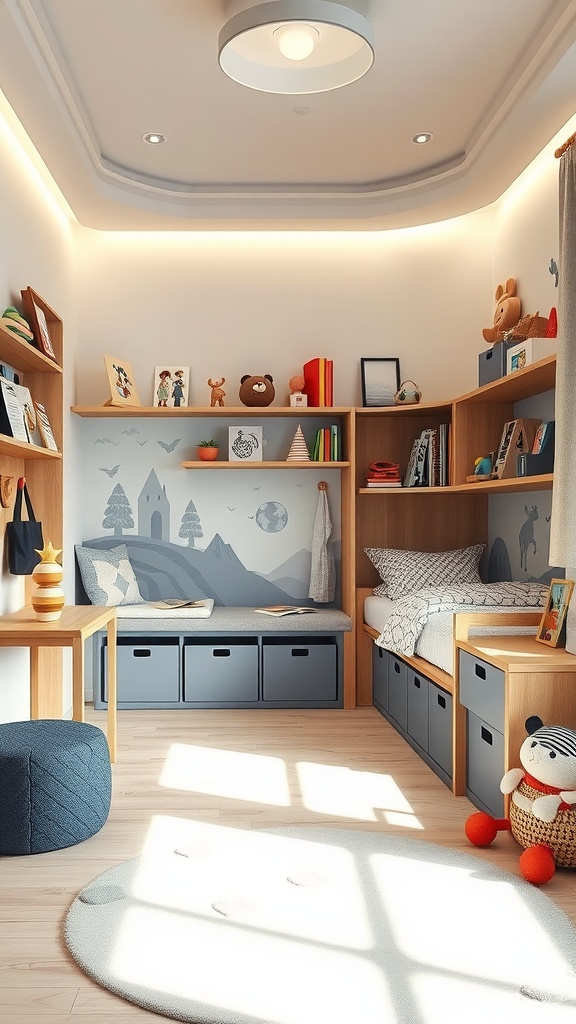 Ein modernes Jungenzimmer mit Stauraum unter dem Bett und Regalen für Spielzeug.