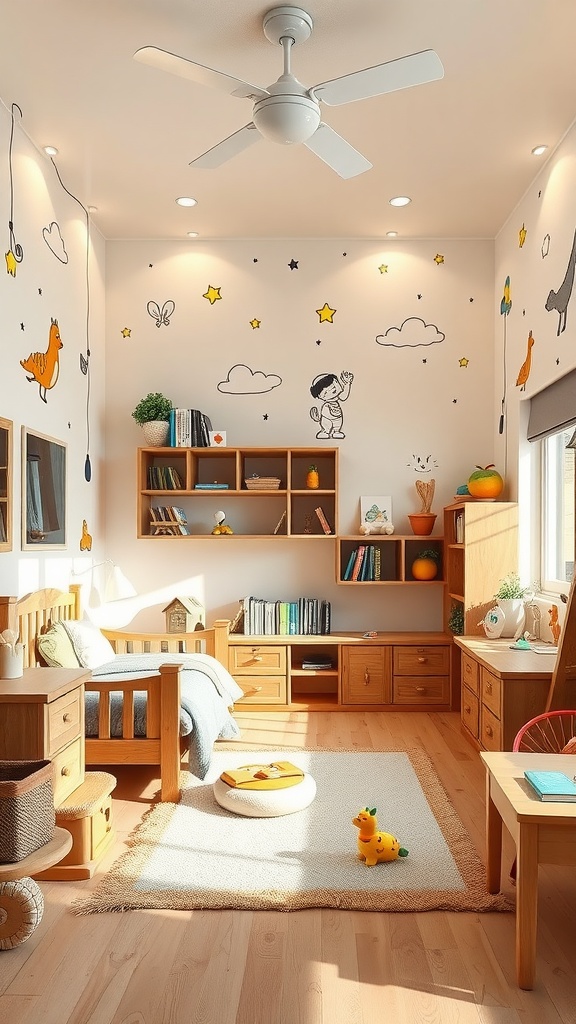 Ein Jungenzimmer mit Holzmöbeln, bunten Wänden und einer warmen Atmosphäre