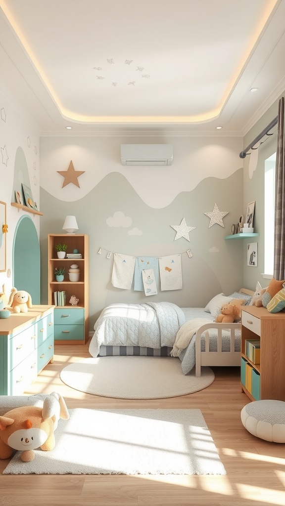 Ein Jungenzimmer in sanften Pastellfarben mit mintgrünen und hellblauen Tönen, dekoriert mit Wolken und Sternen.