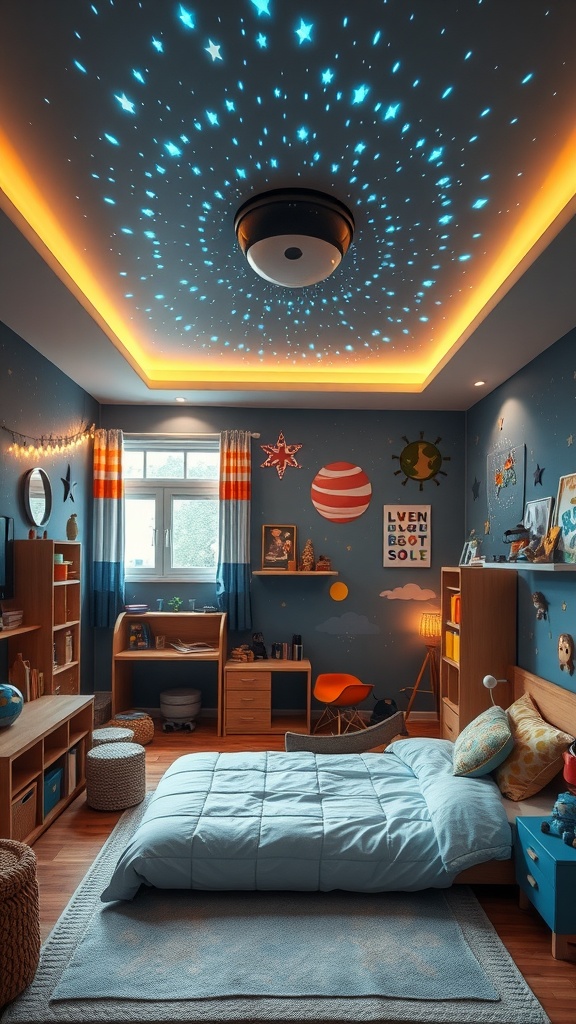 Kinderzimmer mit Sternenhimmel-Projektor und Weltraum-Dekor