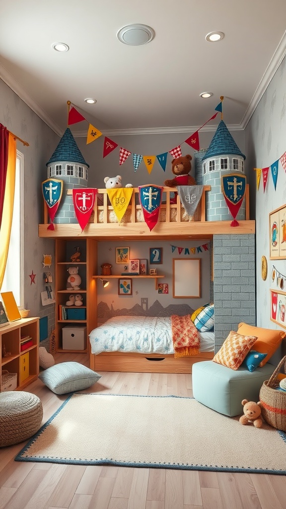 Hochbett in Form einer Ritterburg mit bunten Wimpeln und Ritter-Schildern im Jungenzimmer.