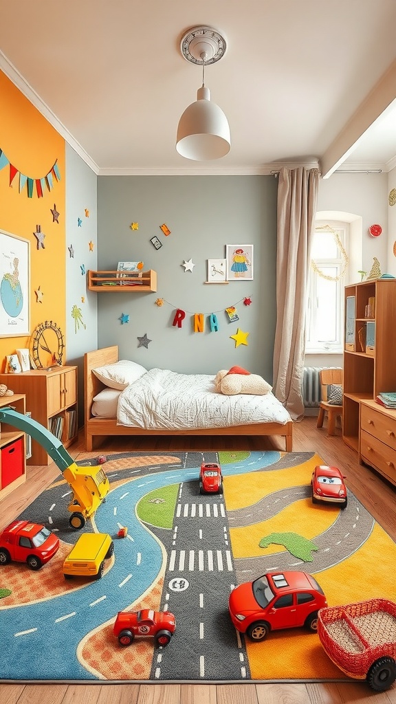Bunt gestaltetes Kinderzimmer mit Spielteppich und Autos, ideal für kleine Jungen.