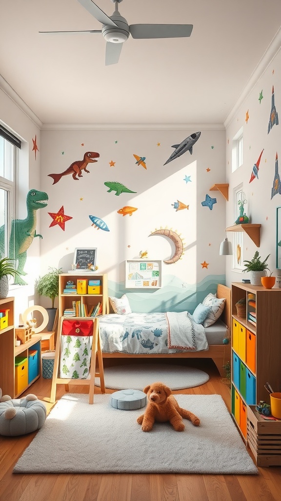 Kinderzimmer mit Dinosaurier und Raumschiff Wandmalerei, bunt dekoriert