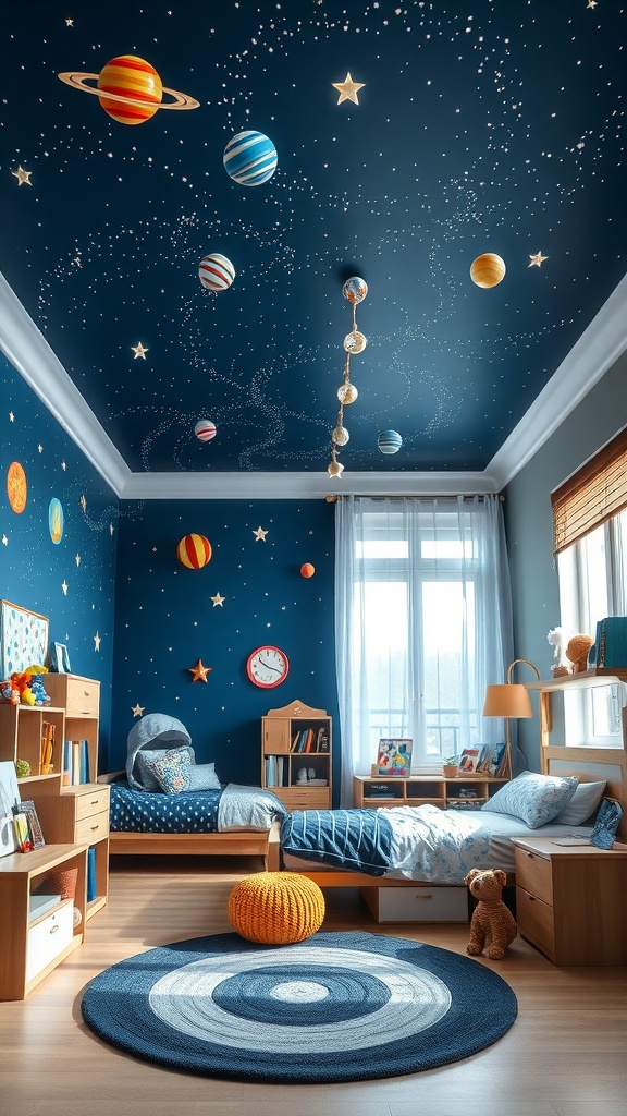 Kinderzimmer im Weltraum-Design mit dunkelblauem Himmel, Sternen und Planeten-Deko