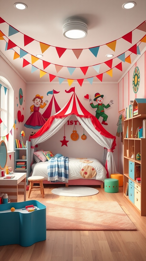 Buntes Kinderzimmer im Zirkus-Stil mit Wimpeln, einem Spielzelt und Wandbildern