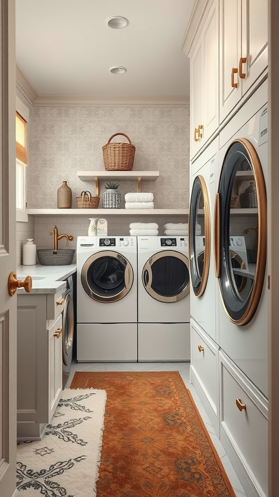 A small, stylish laundry room with white upper cabinets, modern washers, and a decorative rug.