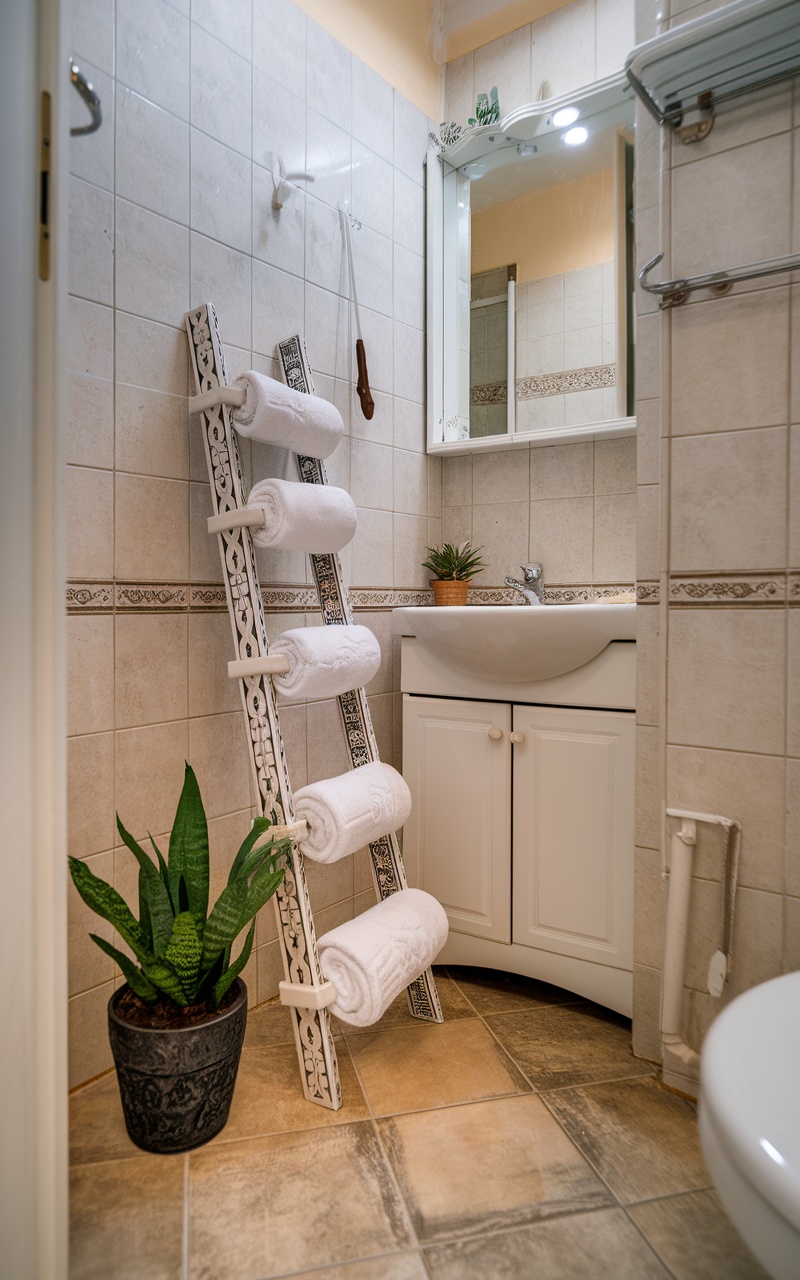 A stylish towel ladder holding rolled white towels in a small bathroom setting with plants.