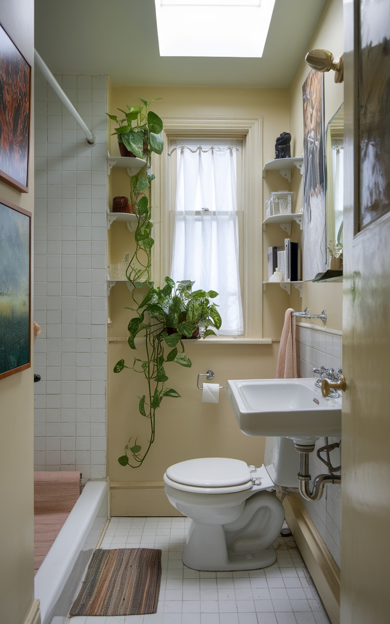 A small bathroom featuring plants by the window and shelves.