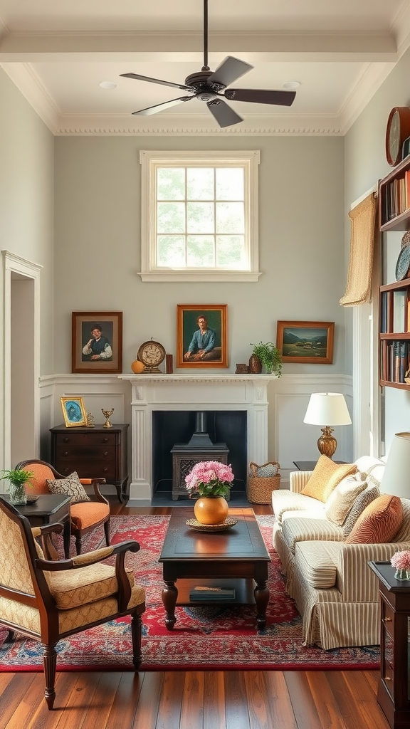 Cozy living room with colonial style furniture and warm colors.