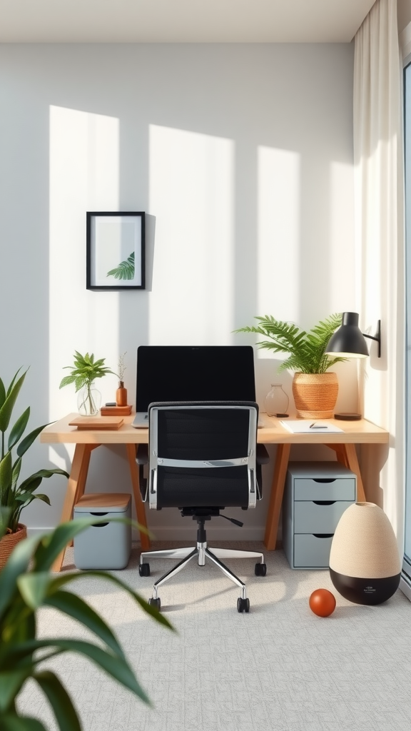 A beautifully arranged small home office with a desk, plants, and a diffuser.