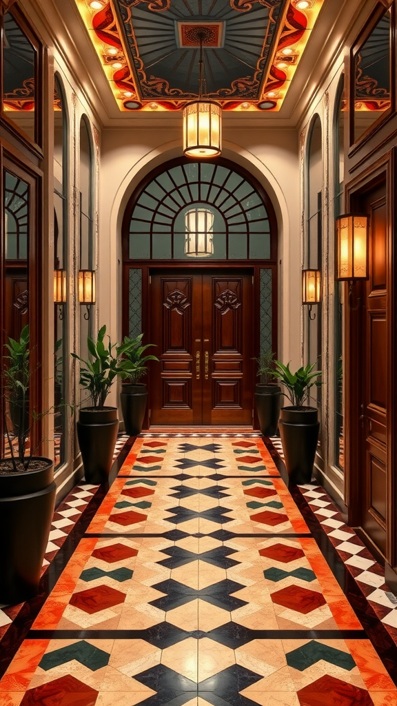 An elegant Art Deco entrance featuring intricate tile patterns, wooden doors, and stylish lighting.