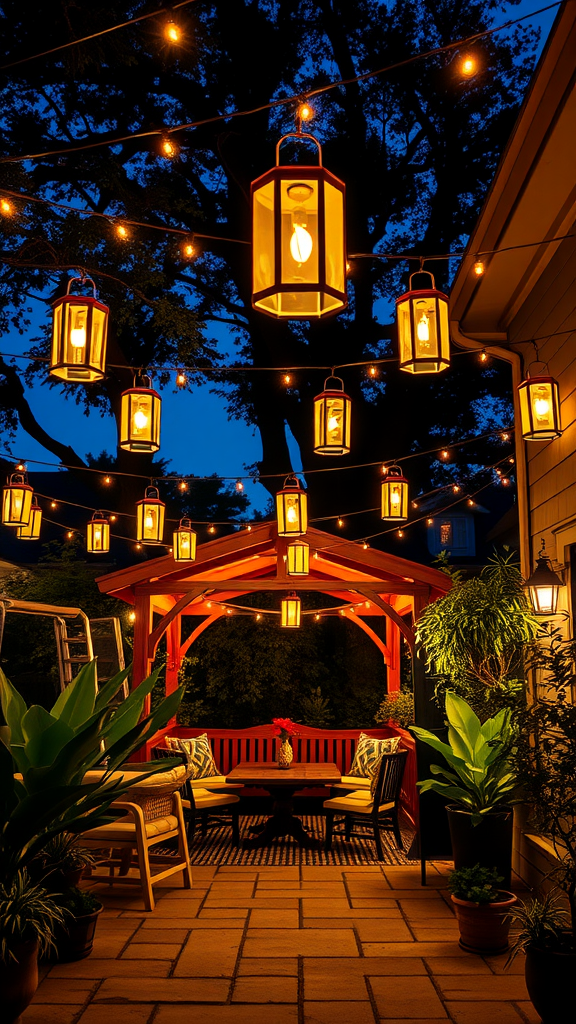 A beautifully lit outdoor patio featuring string lights and lanterns.