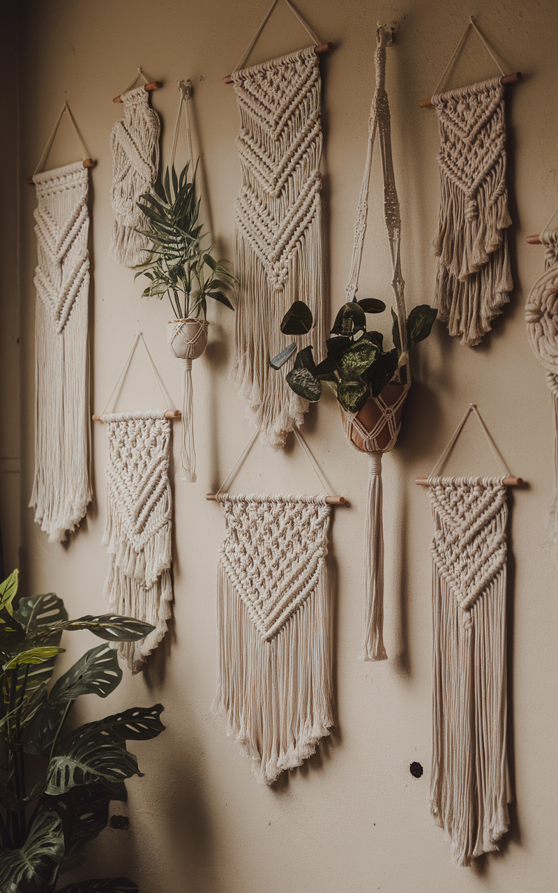 A collection of macramé wall hangings with plants in a cozy setting