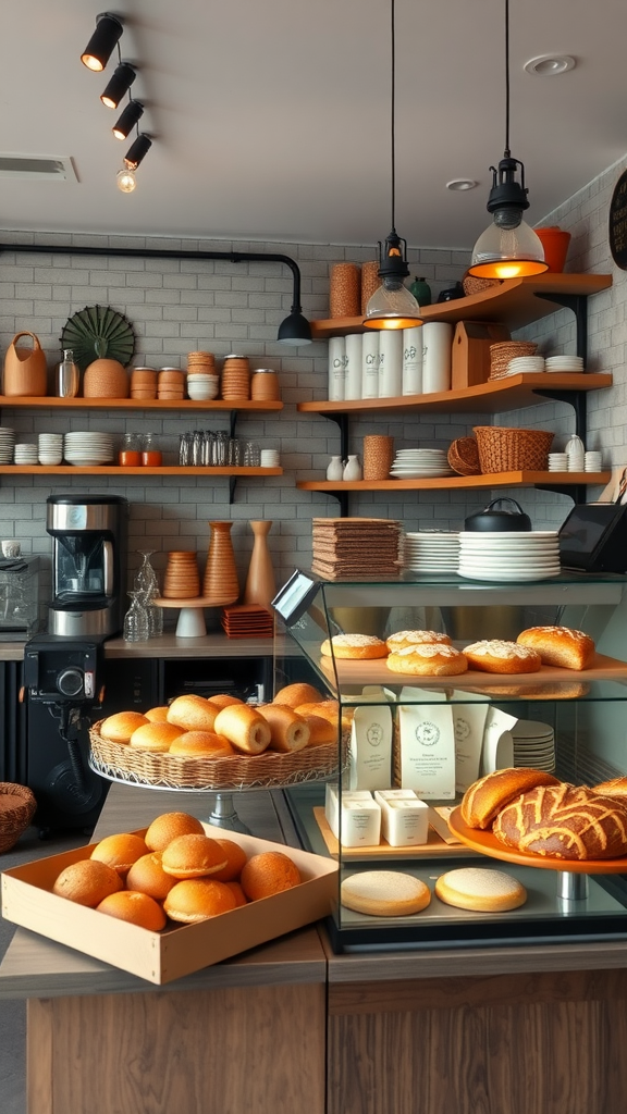 A cozy artisan bakery corner featuring fresh bread and pastries in a small coffee shop.