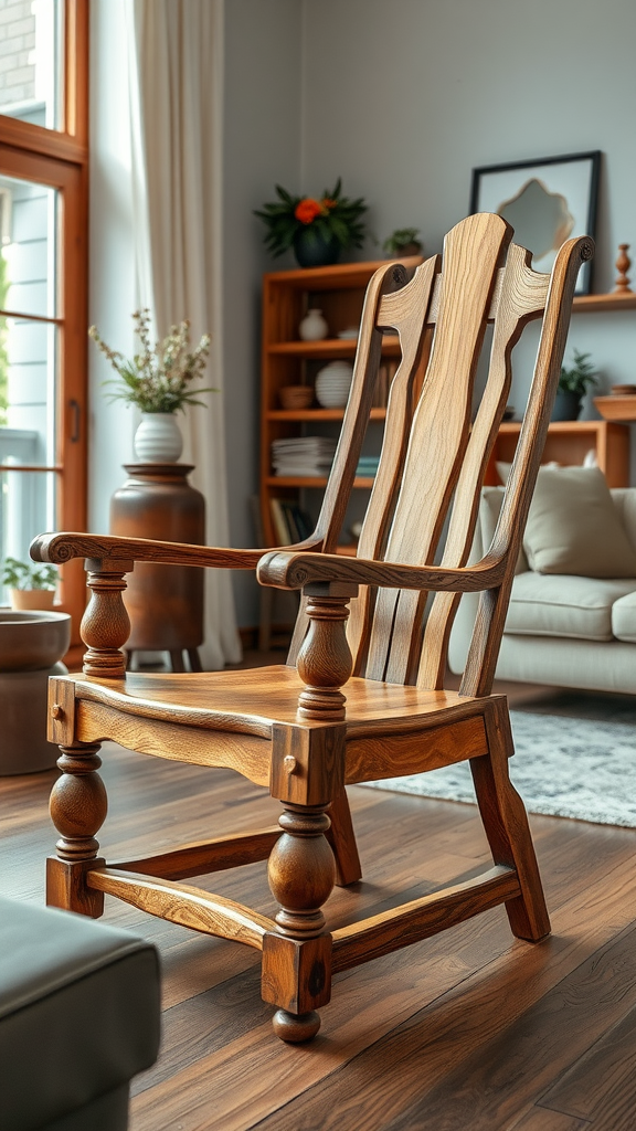 A beautifully crafted wooden chair with an artisan design, showcasing natural wood grain and a warm finish.