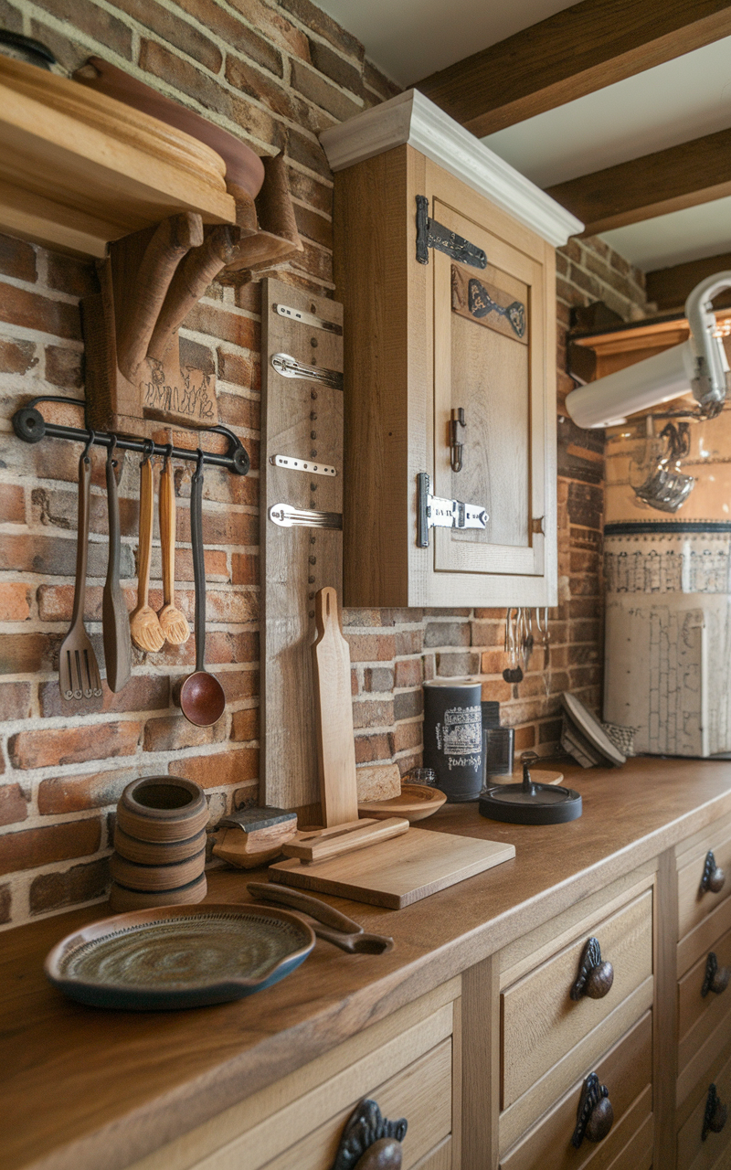 A rustic kitchen featuring wooden cabinets and handmade utensils on a countertop