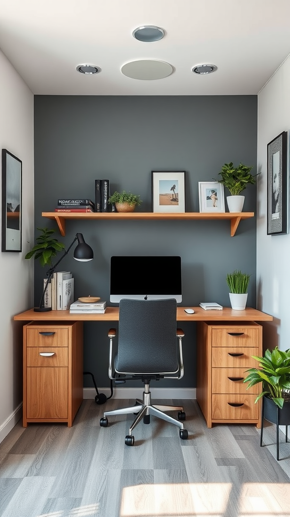 A cozy home office featuring a stylish wooden desk, a chair, and decorative elements on the wall.