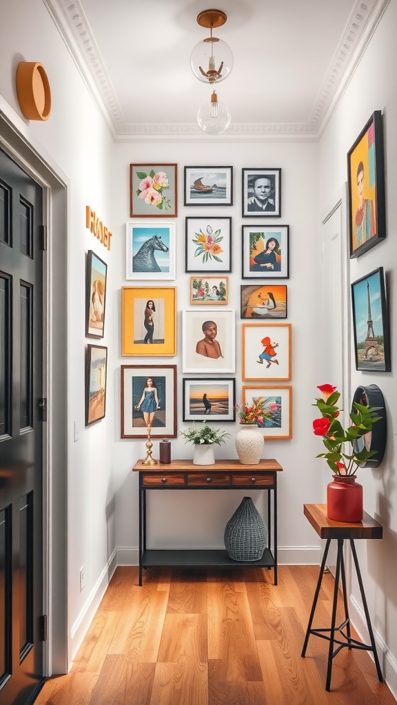 Artistic entryway featuring a gallery wall with various framed pictures and stylish furniture.