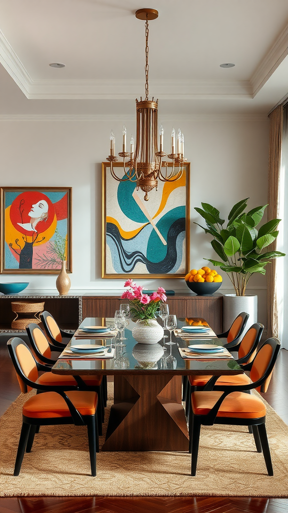 A stylish dining room featuring a large table, grey upholstered chairs, and colorful artwork on the walls.