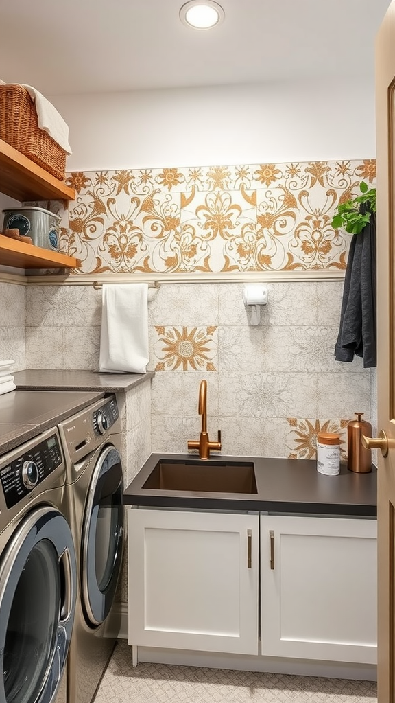 A stylish laundry and mudroom combo featuring artistic tile backsplashes and modern appliances.