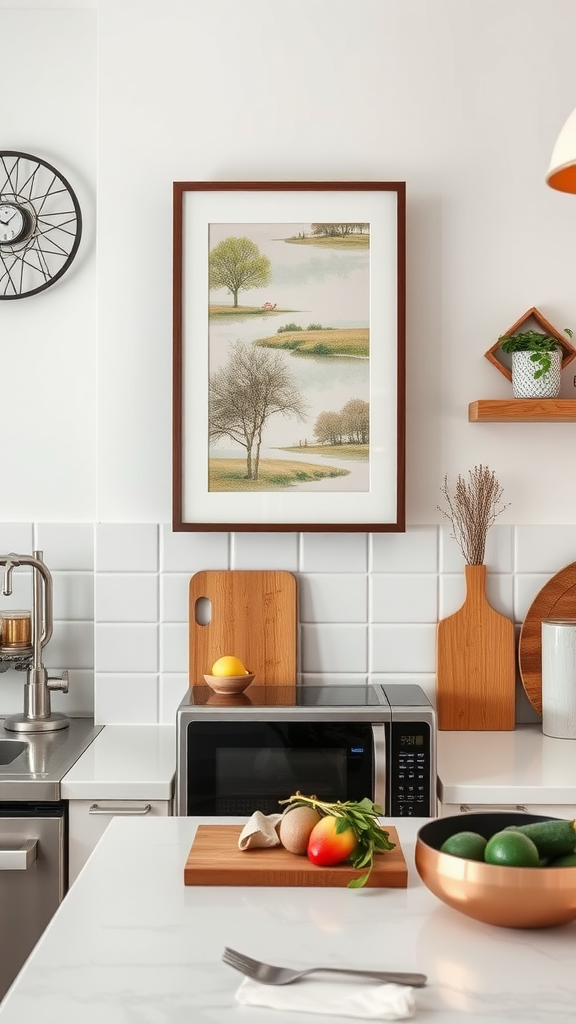 A modern kitchen featuring a scenic landscape artwork, glass cabinets, and fresh produce on the countertop.