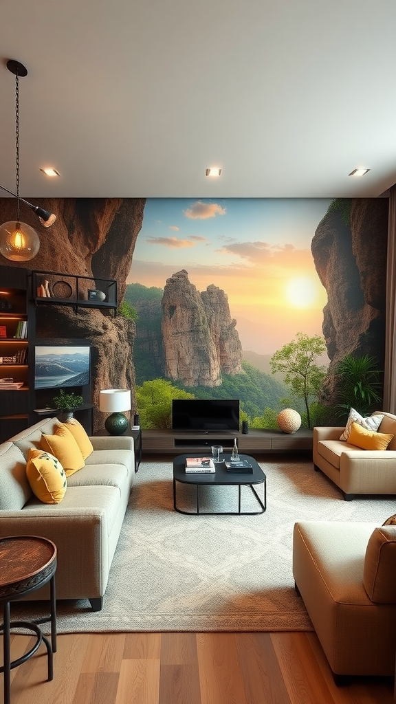 A stylish living room featuring a nature-themed wall mural with mountains and trees.